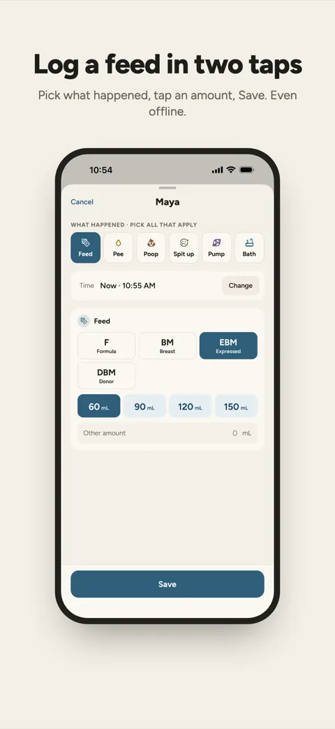 Log a feed in two taps: the New entry sheet with bottle amounts