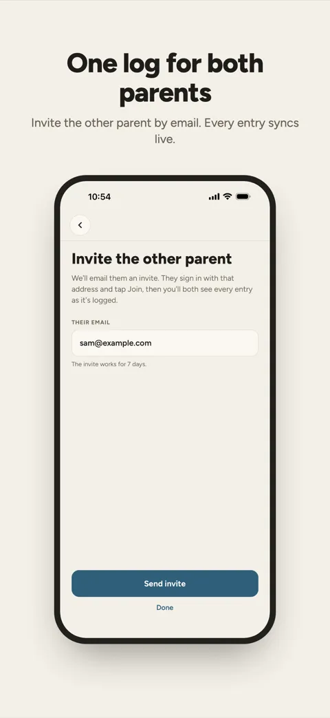 One log for both parents: inviting the other parent by email
